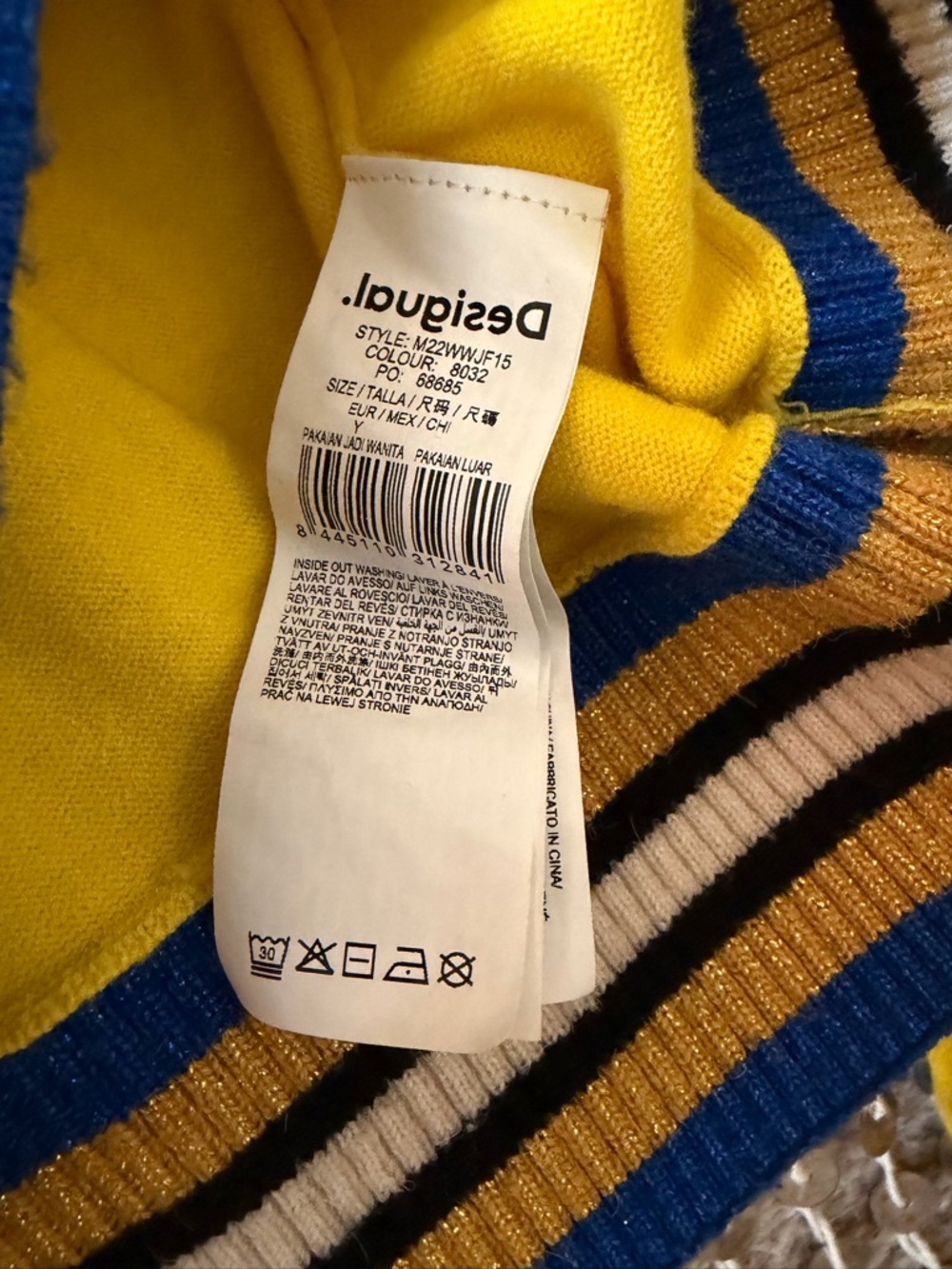 Desigual yellow sequined 'Awesome' crewneck sweater sparkle stripe trim - Picture 9 of 13
